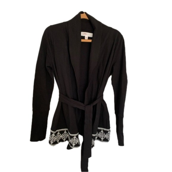 Anthropologie Lilka Black Embroidered Belted Open Cardigan Sweater size m - Picture 1 of 6